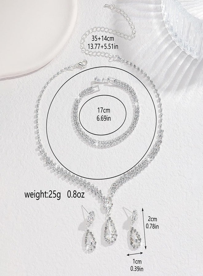 MarveBard Prom Earrings Necklace Bracelet Set for Women Bridal Wedding Prom Jewelry Set Sparkling Cubic Zirconia Teardrop Pendant Necklace Earrings Elegant Bridal Accessories for Weddings Prom Parties (White) - Image 5